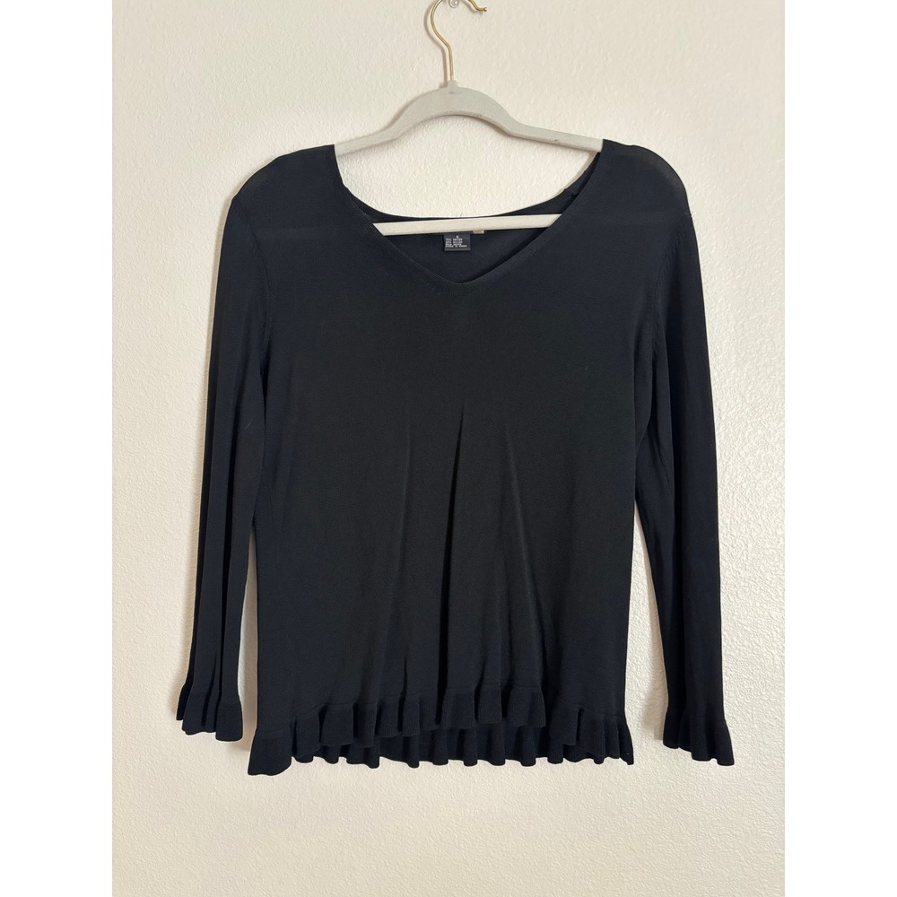 Sweaterworks Womens Black V-Neck Ruffle Hem Long Sleeve Knit Top Size Small